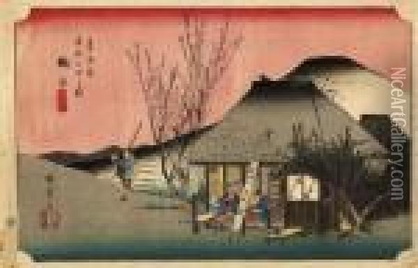From The Series Tokaido Tsugi No
 Uchi [the Fifty-three Stations Of The Tokaido], Mariko - Meibutsu 
Chamise [mariko - The Local Speciality Shop], Travellers Eating The 
Local Yam Paste Delicacy Tororoshiru Oil Painting - Utagawa or Ando Hiroshige