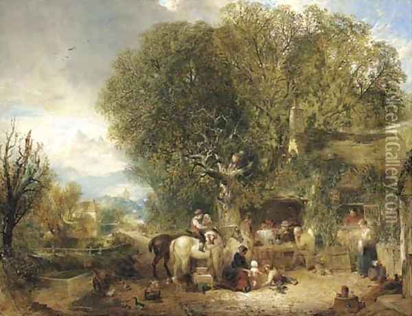 Figures by a cottage in an extensive wooded landscape Oil Painting - William Collins
