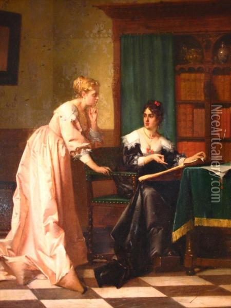 2 Women In Study Oil Painting - Jean De La Hoese