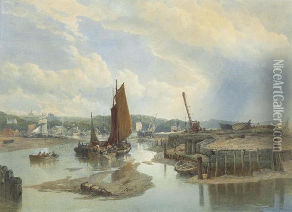A Town On An Estuary At Low Tide Oil Painting - Edward Duncan