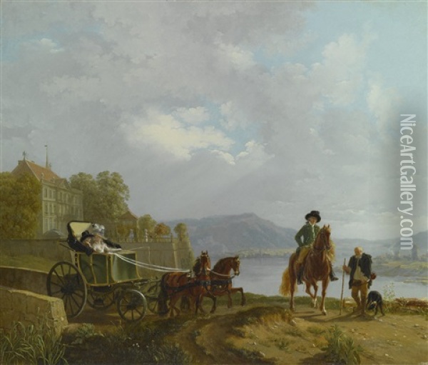 View From A Hilltop Across A Lake, With Figures In An Elegant Horse-drawn Carriage Along A Road, A Grand Building To The Left And A Small Town In The Mountains Beyond Oil Painting - Louis-Auguste Brun
