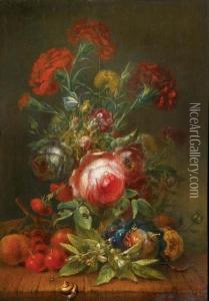 Roses, Carnations, Poppies And 
Other Flowers In A Vase, With Cherries, Grapes And Peaches On A Wooden 
Ledge Oil Painting - Rachel Ruysch