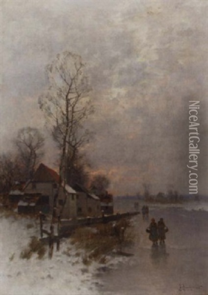 Walking Home On A Winter's Day At Dusk Oil Painting - Johann Jungblut