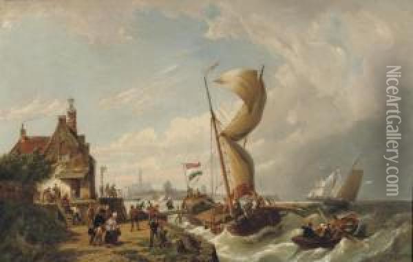 Passengers Boarding A Ferry At The Goeser Veerhuis With The Church Of Goes Beyond Oil Painting - Pieter Cornelis Dommershuijzen