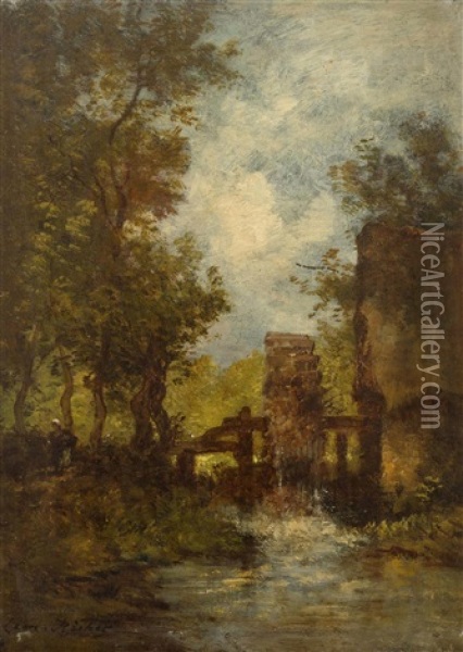 Mill By A River Oil Painting - Leon Richet