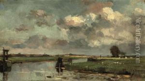A Polder Landscape In Summer Oil Painting - August Willem van Voorden