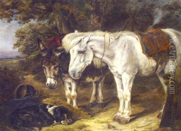 A Pony, A Donkey And A Dog Resting Beneath A Tree Oil Painting - Heywood Hardy
