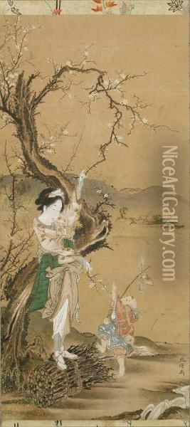 Figures Under A Plum Tree Oil Painting - Toyota Hokkei