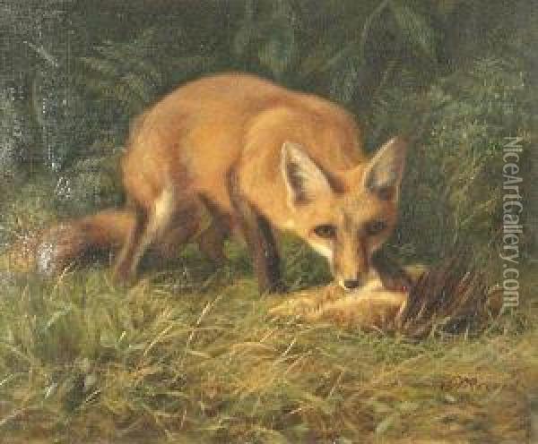A Fox With Its Prey Oil Painting - J. Rogers