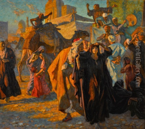 A Street Celebration In Cairo Oil Painting - Ludwig Deutsch