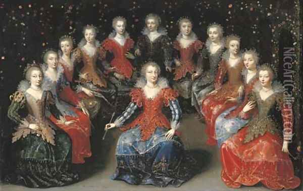 Twelve noblewomen seated in a garden Oil Painting - Claude Deruet