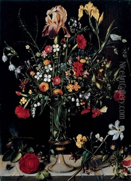A Still Life Of Flowers In A Vase Oil Painting - Ambrosius Bosschaert the Elder