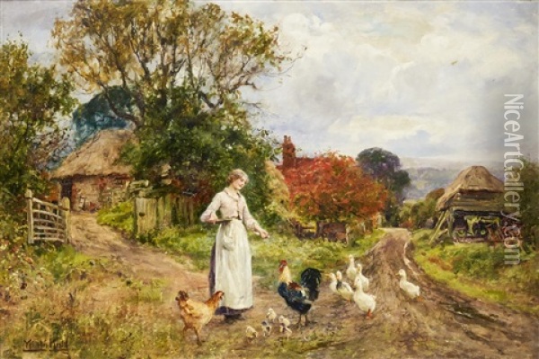 A Woman Feeding The Poultry Oil Painting - Henry John Yeend King