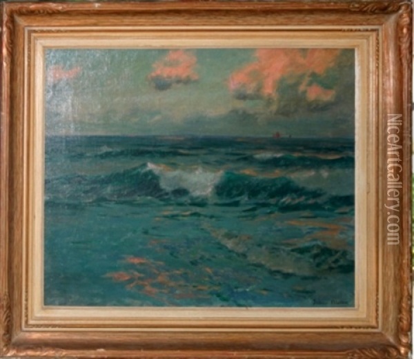 Seascape With Ships In Distance Oil Painting - Julius Olsson