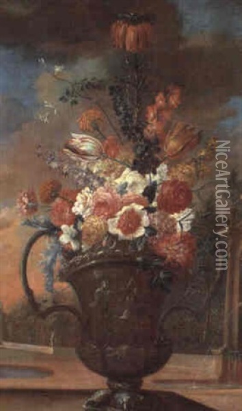 Still Life With A Crown Imperial And Other Flowers In An Urn By A Fountain Oil Painting - Pierre Nicolas Huilliot