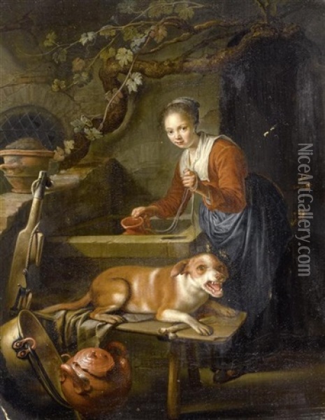Frau Mit Hund An Einem Brunnen Oil Painting - Gerrit Dou