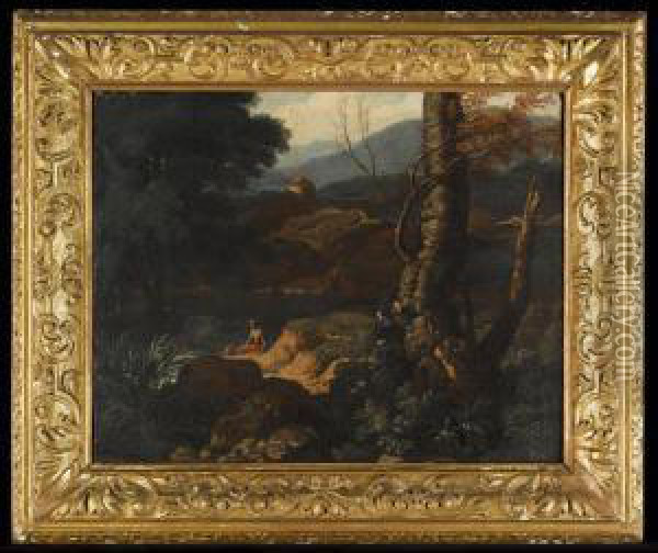 An Italianate Landscape With A Fisherman In The Foreground, A Drover Beyond Oil Painting - Bartolomeo Torreggiani