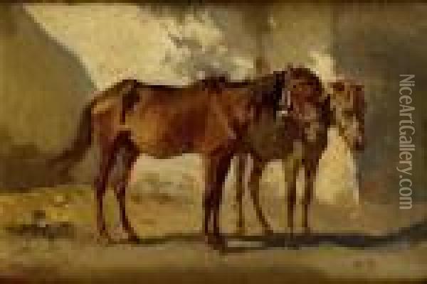 Zwei Pferde Oil Painting - August Xaver Karl von Pettenkofen