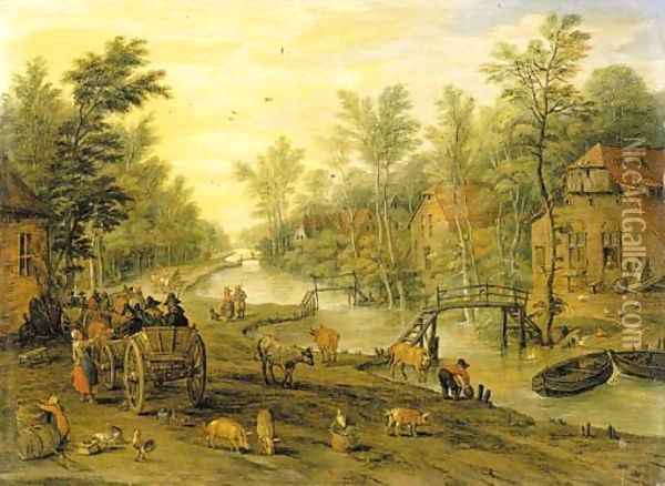 A wooded river landscape with travellers in horse-drawn carts and livestock Oil Painting - Jan Brueghel the Younger