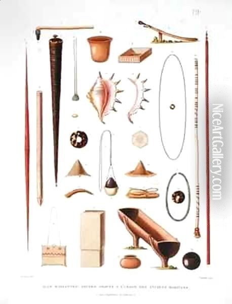 Household utensils and weapons from the Mariannas Islands Oil Painting - Antoine Germain Bevalet