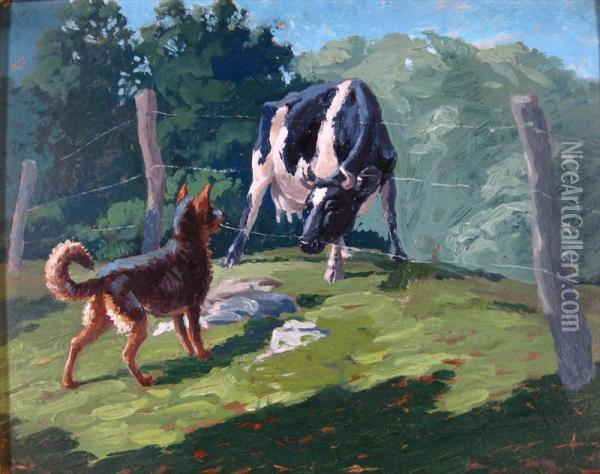 Dog And Cow Oil Painting - Georges Nauwelaerts