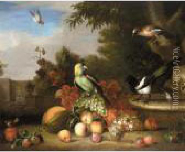 Still Life Of Fruit, A Parrot, A Magpie And Other Birds In A Park Setting Oil Painting - Tobias Stranover