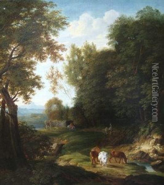 Figures, Horsemenand Cattle On A Wooded Track With A Ruin And Hills In The Distance Oil Painting - Joseph Francois Baudelaire