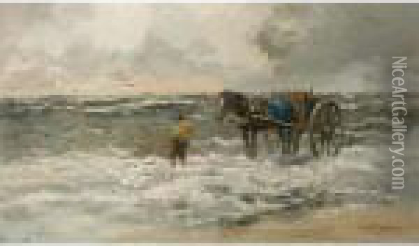 A Shell Fisher In The Breakers Oil Painting - Willem George Fred. Jansen
