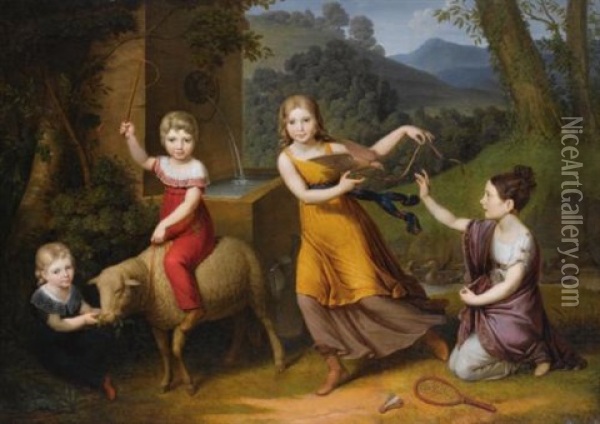 Portrait Of Four Children, Full Length, In A Landscape, With A Sheep And Turtle Doves Oil Painting - Anton Petter