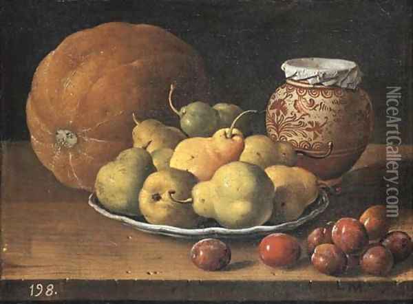 Pears on a plate, a melon, plums, and a decorated Manises jar with plums on a wooden ledge Oil Painting - Luis Eugenio Melendez