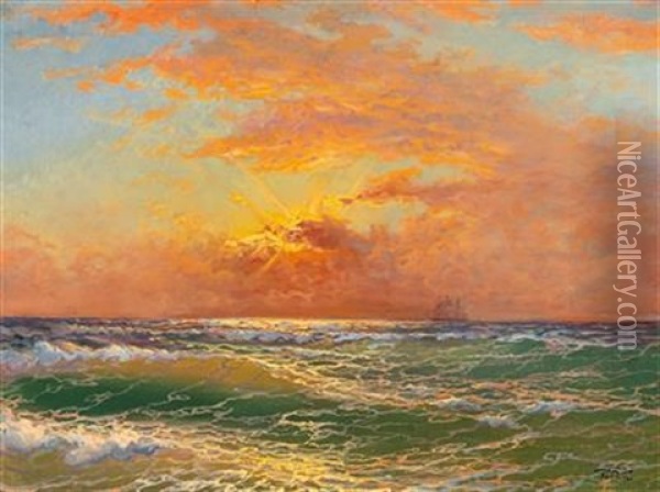 Sunset At Sea Oil Painting - Diyarbakirli Tahsin