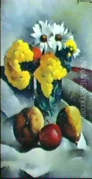 Vase De Fleurs Et Nature Morte Aux Fruits Oil Painting - Paul Elie Gernez
