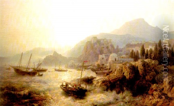 Vessels Off A Coast (the Levantine Coast?) At Sunset Oil Painting - Andreas Achenbach