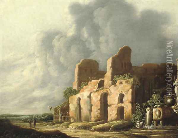 An Italiante landscape with ancients ruins Oil Painting - Charles-Cornelisz de Hooch