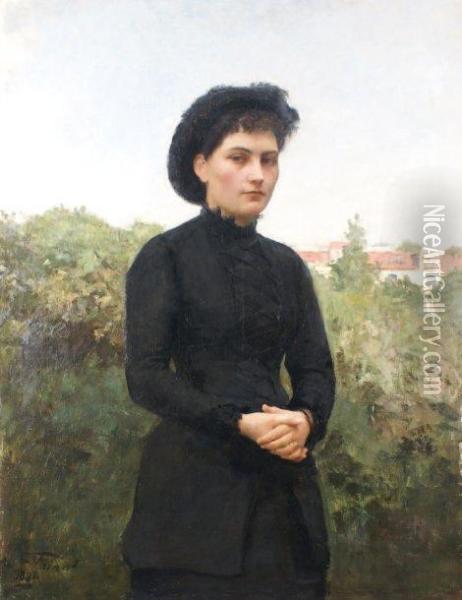 Portrait De Jeune Femme Sur Fond Depaysage Oil Painting - Emile Friant