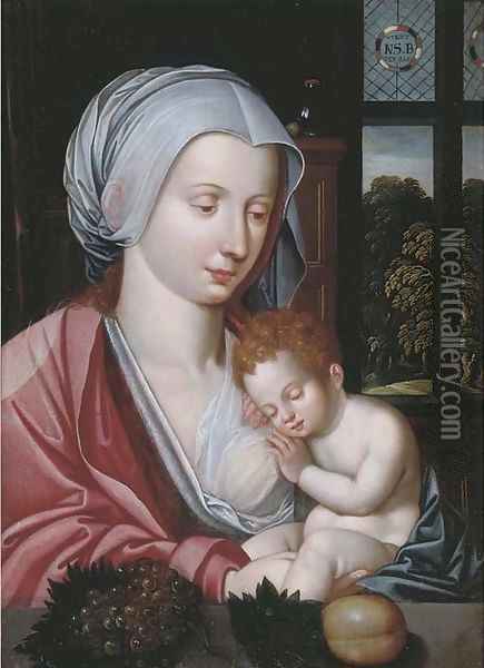 The Virgin and Child in an interior, a landscape beyond Oil Painting - Marcellus Coffermans