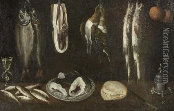 Pair Of Works: Still Life With Fish. Oil Painting - Alejandro De Loarte