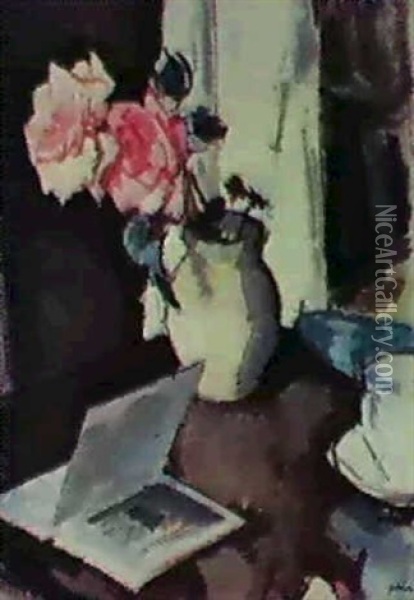 Pink Roses In A White Vase Oil Painting - Samuel John Peploe