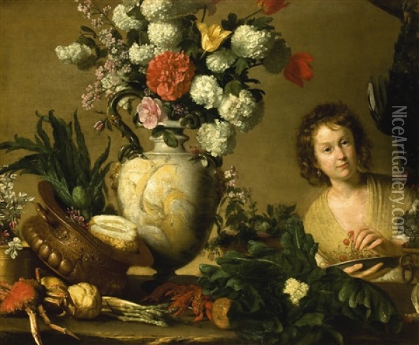 A Still Life Of Flowers, Fruit, Vegetables And Seafood On A Ledge, With A Figure Holding A Plate Of Cherries And A Cockerel Hanging In The Background Oil Painting - Bernardo Strozzi