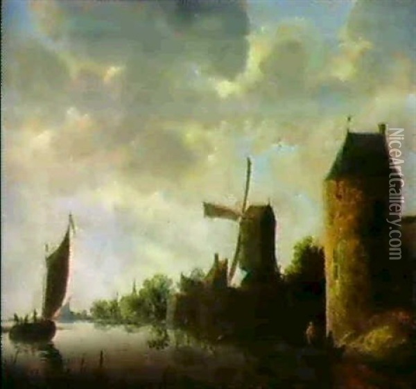 Hollandische Flusslandschaft Mit Einer Windmuhle, Einem Turm Und Fischerbooten Oil Painting - Wouter Knijff