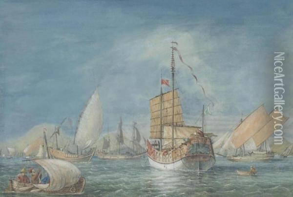A Junk And Other Trading Vessels In Chinese Waters Oil Painting - Andrew Nicholl