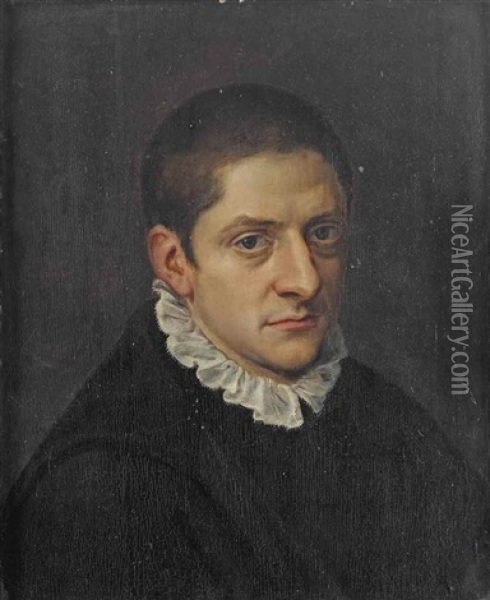 Portrait Of A Gentleman, Bust-length, In A Black Robe And White Collar Oil Painting - Antonis Mor Van Dashorst