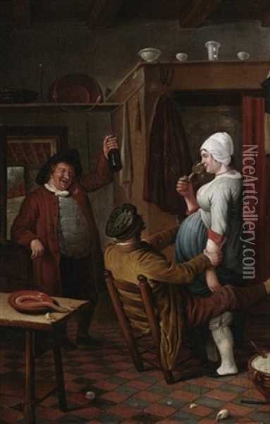 Die Verfuhrung. Junges Paar In Der Stube Wird Beim Liebesspiel Uberrascht Oil Painting - Hendrick Van Der Burgh