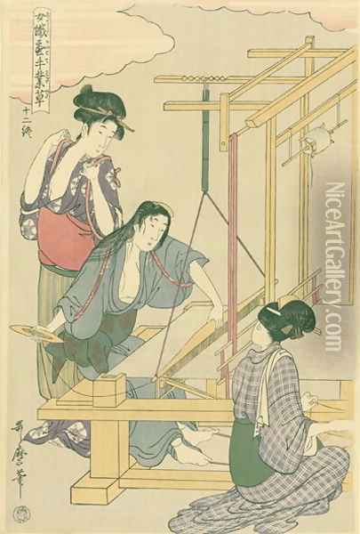 Weaving the silk, no.12 from Joshoku kaiko tewaza-gusa, c.1800 Oil Painting - Kitagawa Utamaro