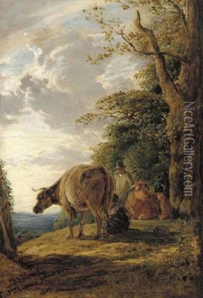 A Wooded Landscape With Herdsmen And Cattle Oil Painting - John Linnell