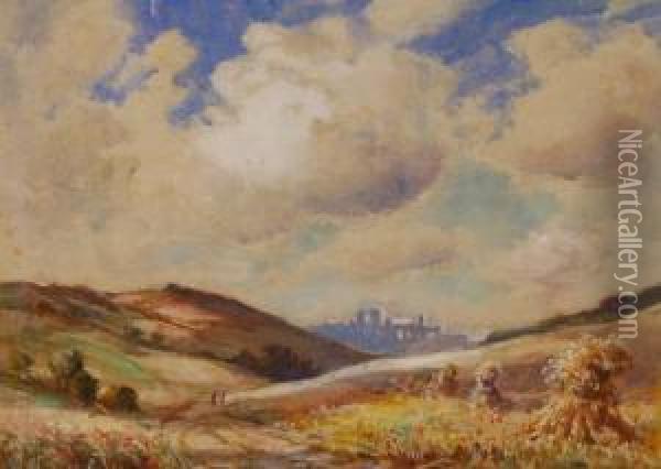 Landscape View Towards A Town Oil Painting - Thomas William Morley