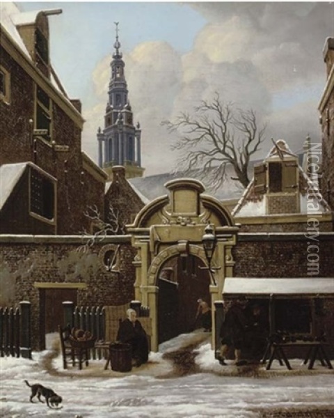 Traders In The Snow, And An Amsterdam Street Oil Painting - Carel Lodewyk Hansen
