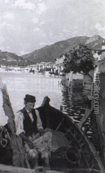 Italienischer Fischer Im Nachen Mit Netzen Oil Painting - Cesare Viazzi