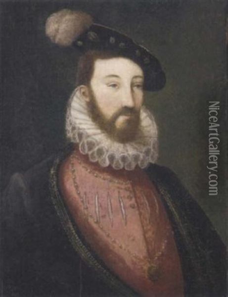 Portrait Of A Bearded Nobleman, In A Pink Slashed Doublet With A White Ruff And A Black Jacket, Wearing A Medallion And A Black Cap Oil Painting - Francois Clouet