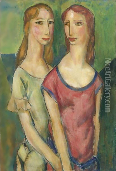 Two Girls Holding Hands Oil Painting - Alfred Henry Maurer